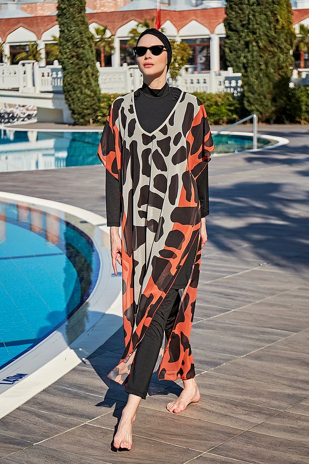 Remsa Tesettür Mayo Üzerine Tasarım Tek Kaftan Pareo RDP002 Dev Benek - 5