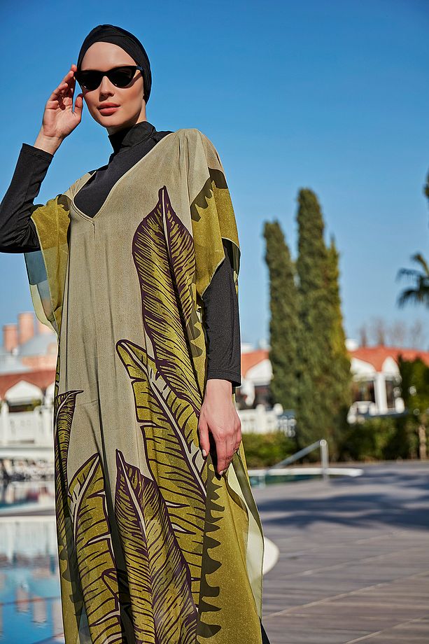 Remsa Tesettür Mayo Üzerine Tasarım Tek Kaftan Pareo RDP001 Dev Yapraklar - 2