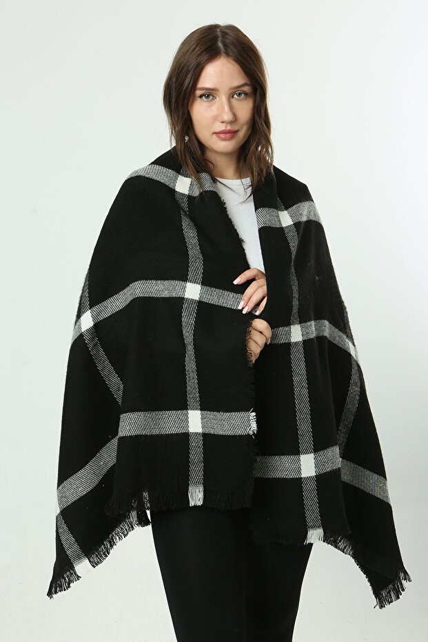 Square Patterned Scarf Shoulder Shawl 70X180 cm 1234 Black
