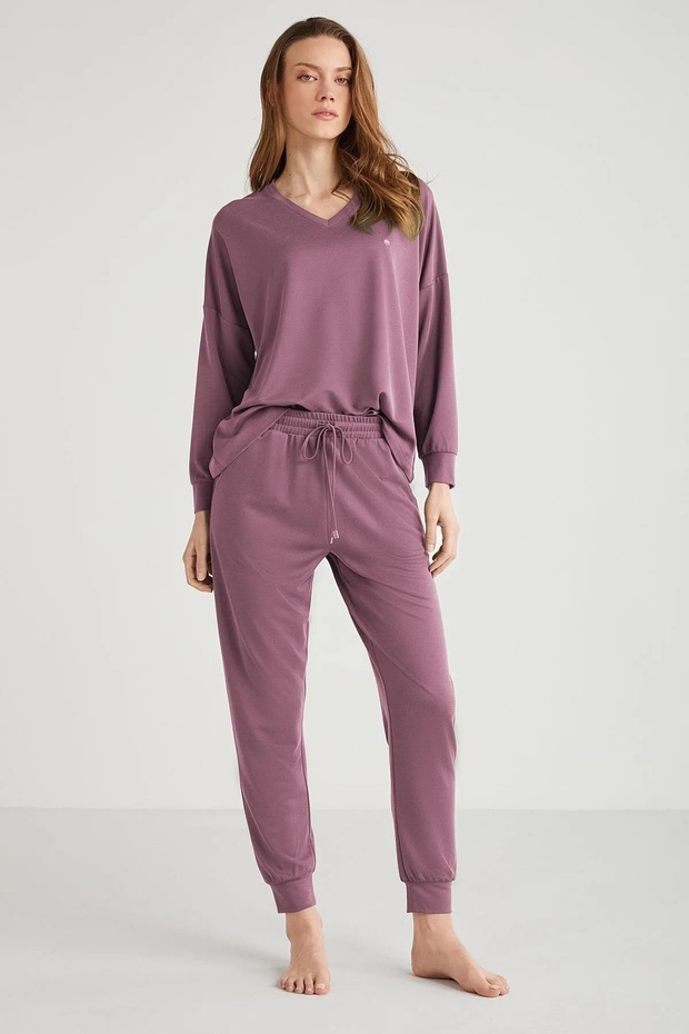 Soft Textured V-Neck Long Sleeve Women's Pjamas Suit
