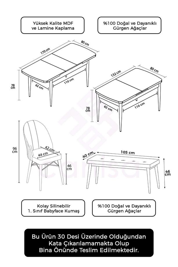 Roz Serisi,80x132 Mdf Açılabilir Barok Ahşap Desen Masa Takımı 4 Krem Sandalye Ve 1 Bench - 7
