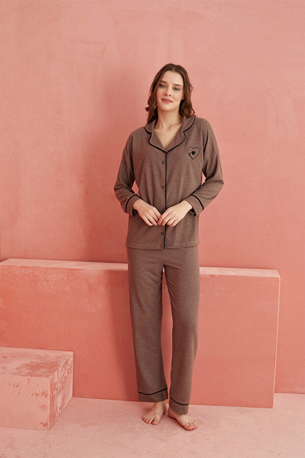 Fındık Kalp Desenli Kaşmir Önden Düğmeli Pijama Takım - 2