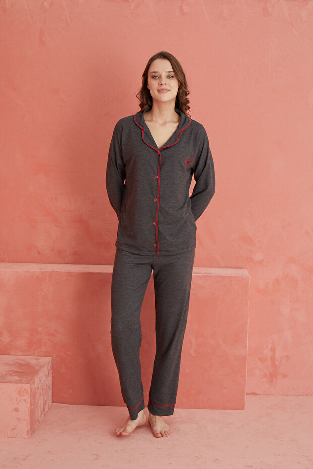 Antrasit Kalp Desenli Kaşmir Önden Düğmeli Pijama Takım - 2