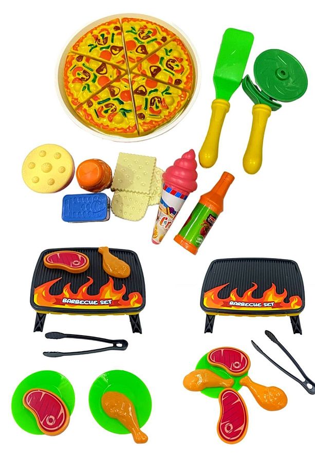 Mangal Seti 7 PARCA +Pizza Seti 16 PARCA EVCİLİK VE MUTFAK SETİ OYUN SETİ OYUNCAK 2 Lİ SET - 1