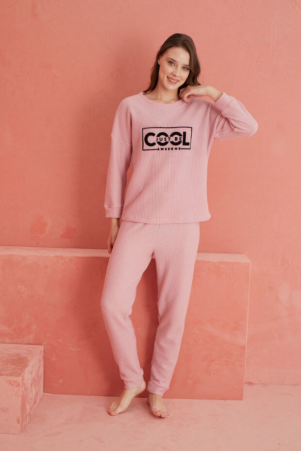 Pudra Cool Baskılı Pitikare Waffle Pijama Takımı - 2