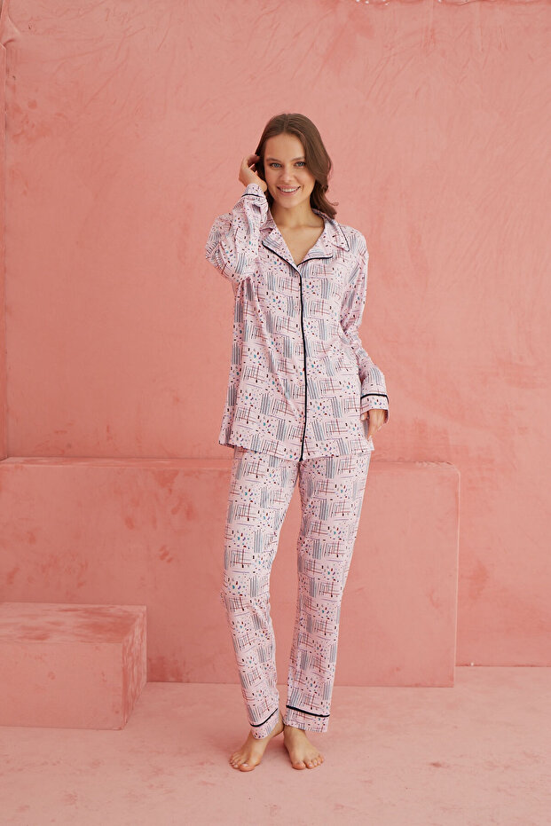 Multicolor Patterned Viscose Front Button Pajamas Set - 2