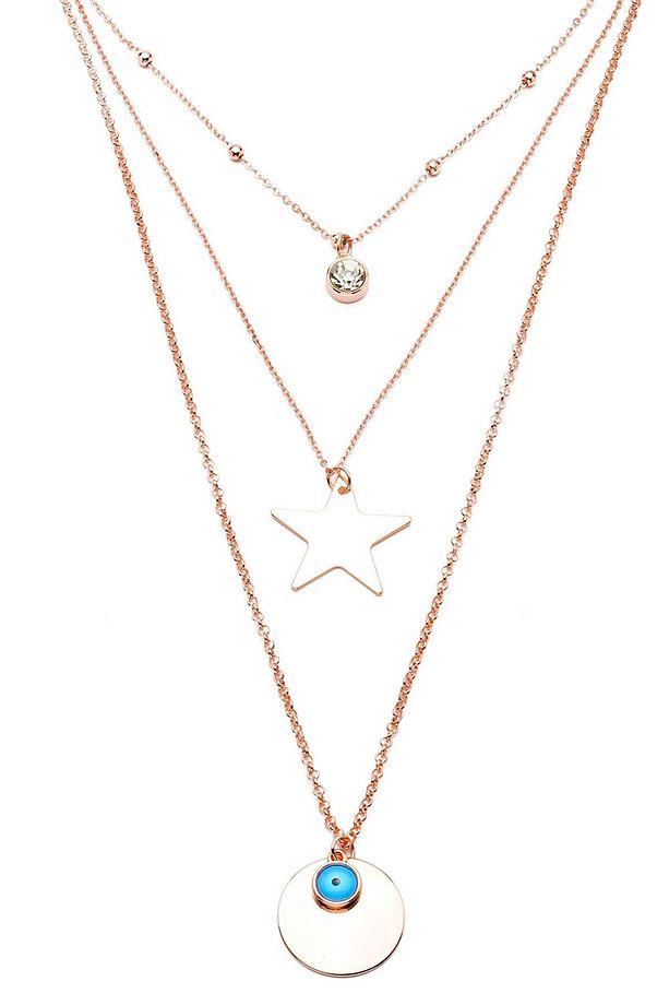 Rose Rengi Para Ve Yıldız Detaylı Üçlü Kolye (40,60*70CM) - 3