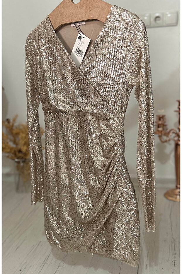 Pullu Payetli, Kruvaze Yaka, Yandan Drapeli, Mini Elbise - 2