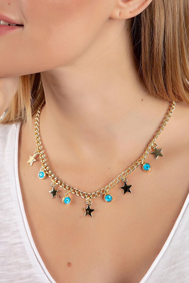 Gold Yellow Star Figured Evil Eye Necklace