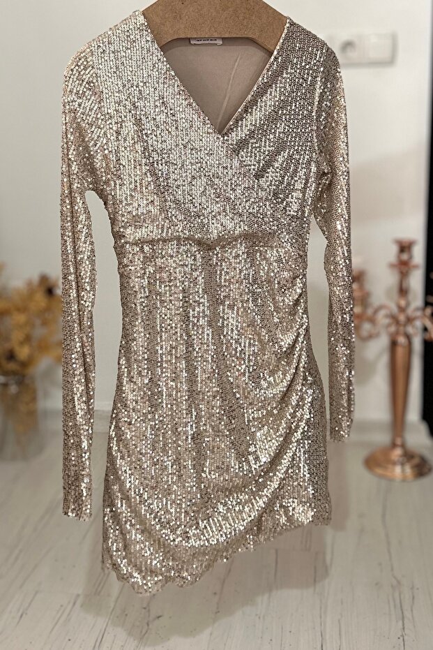 Pullu Payetli, Kruvaze Yaka, Yandan Drapeli, Mini Elbise - 1