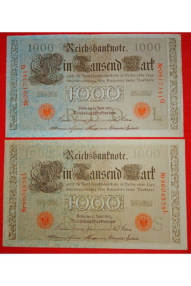1910 Yılı Almanya 1000 Mark Yabancı Kağıt Para 2 Adet ORTA KONDİSYON - 1
