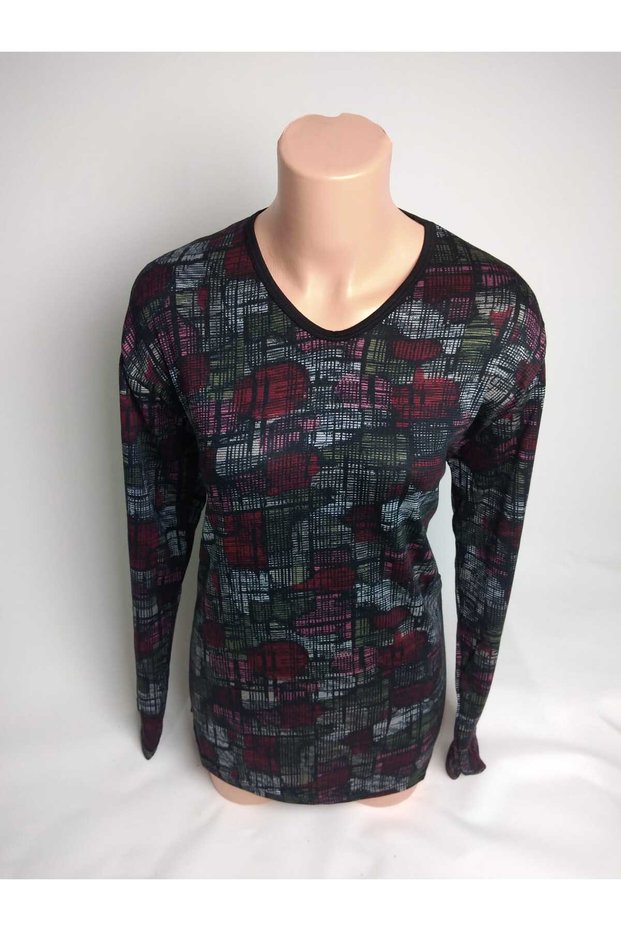 Women's Burgundy Green V-Neck Long Sleeve Seasonal Mom Combed Cotton T-Shirt Blouse with Slits on the Sides