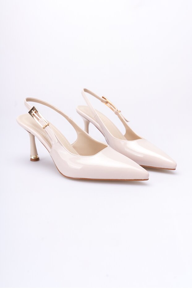 Nita Beige Patent Leather Side Buckle (8 cm) Pointed Toe Heeled Shoes