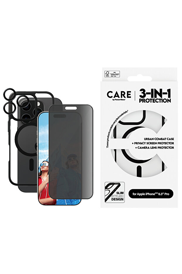 مجموعة حماية PanzerGlass CARE الرائدة 3 في 1 لهاتف iPhone 16 Pro - الخصوصية