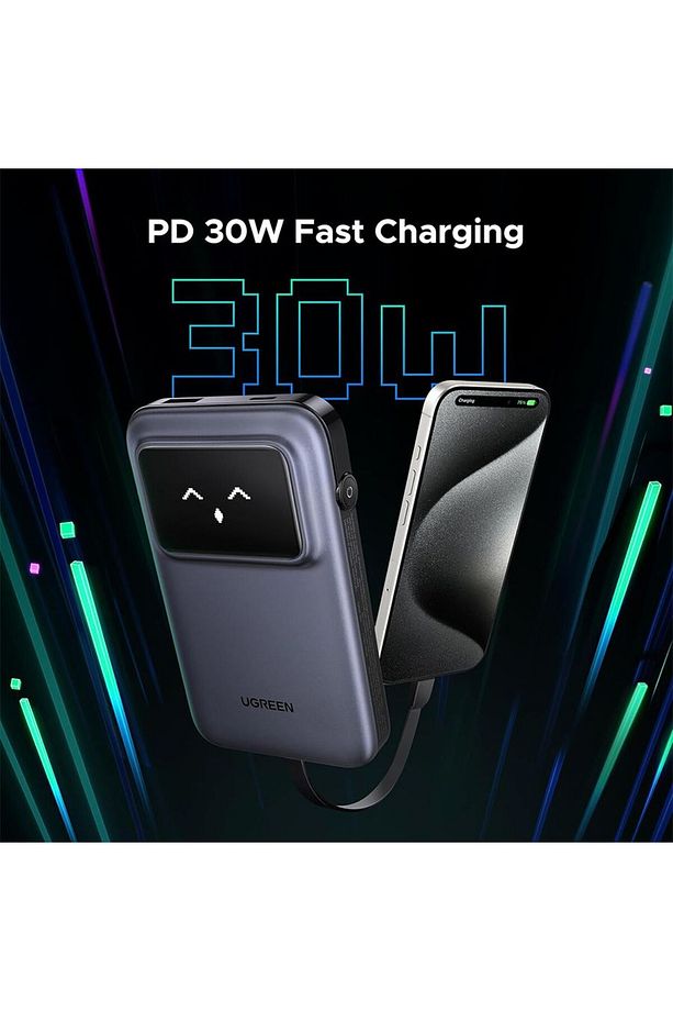 Uno Power Bank USB-C ve USB Portları Dahili Kablo ile 10000mAh 30W - Gri - 3