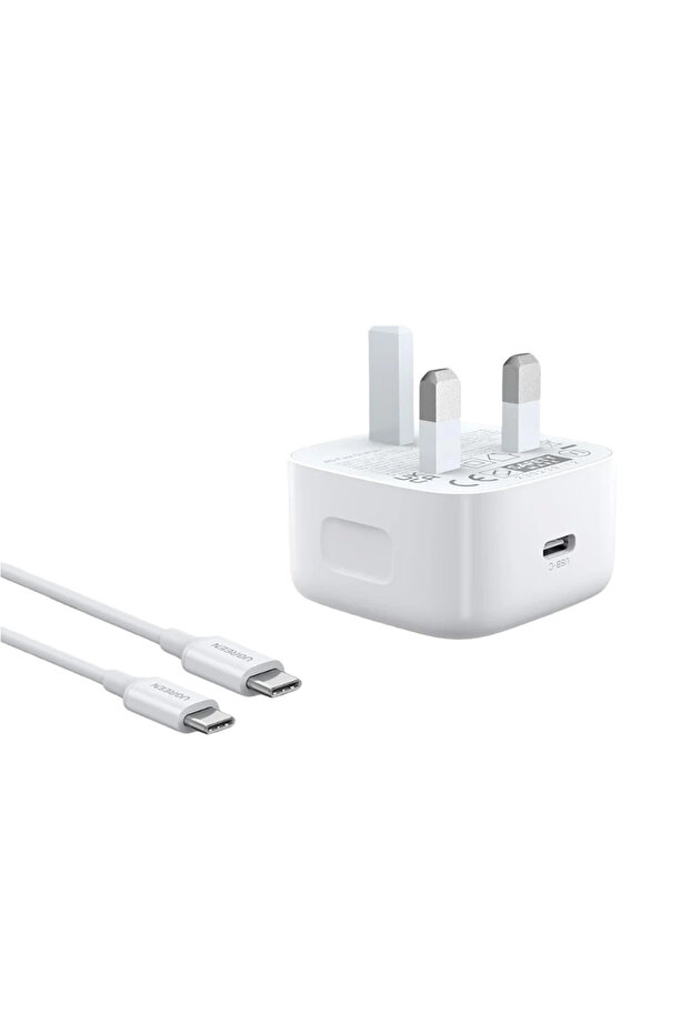 مجموعة شاحن حائط بمنفذ USB-C بقوة 20 وات مع كابل USB-C إلى USB-C - أبيض