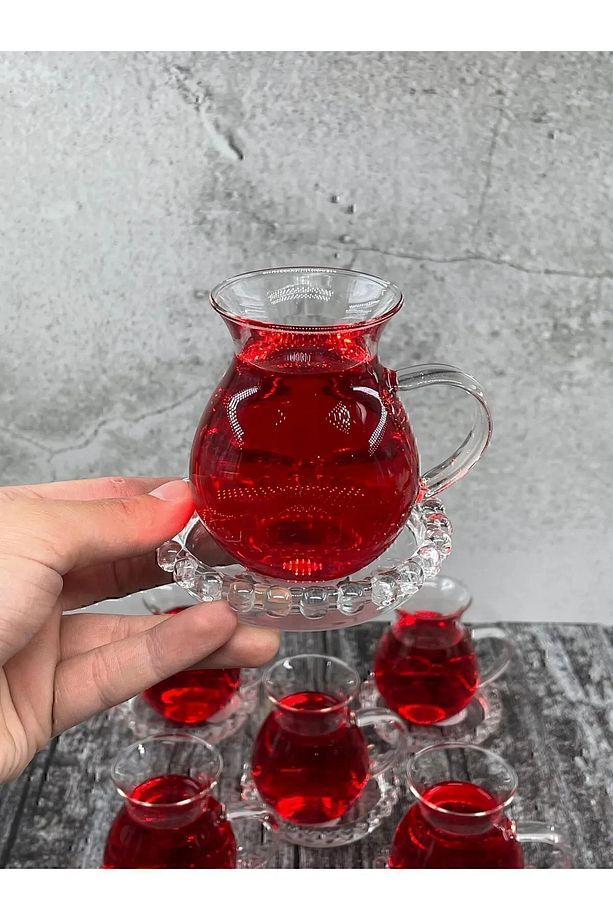 6 Kişilik Keyfi Ala Borosilikat Cam Kulplu Çay Bardağı 220ml - 2