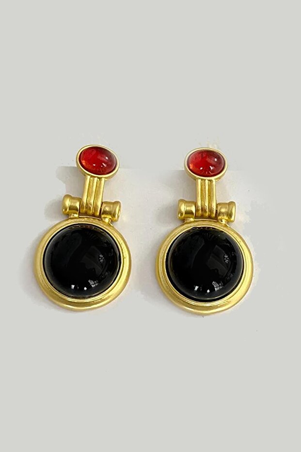 Black and Red Stone Detailed Big Ball Earrings