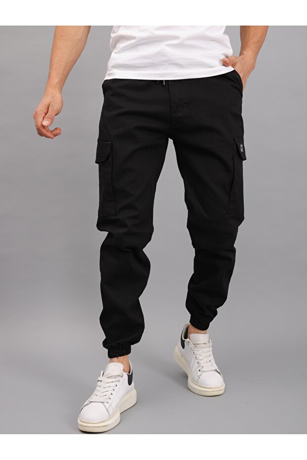 Linen Fabric Elastic Leg Cargo Pants Men's Slim Fit Jogger Pants Black