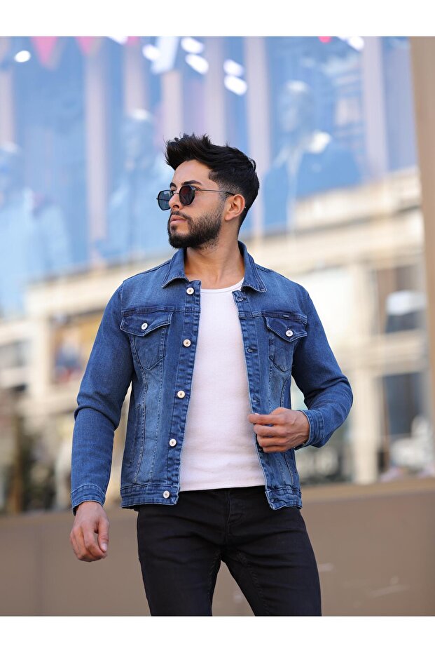 Men's Navy Blue Jean Denim Standard Fit Pocket Button Jeans Jacket