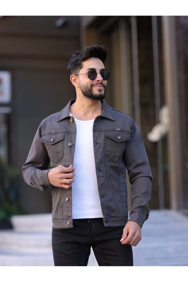Men's Gray Jean Denim Standard Fit Pocket Button Jeans Jacket