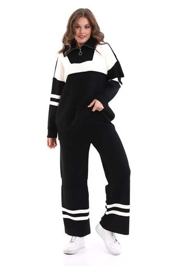 Women's Black Oversize Knitwear Bottom Top Tracksuit Set 1230