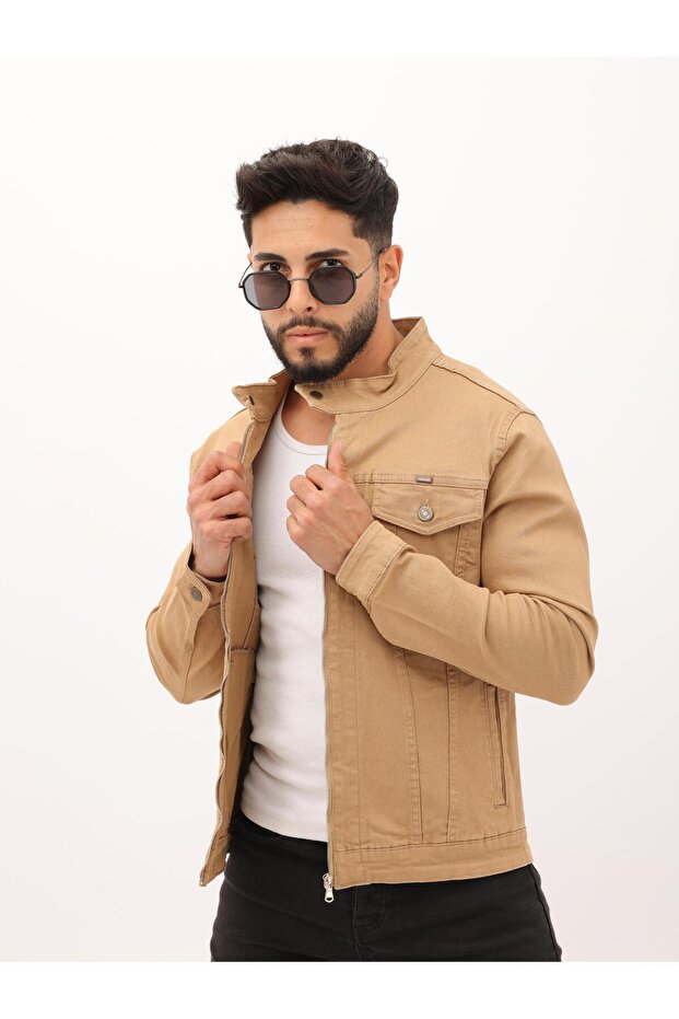 Double Pocket Zippered Camel Judge Collar Men's Casual Jeans Jacket