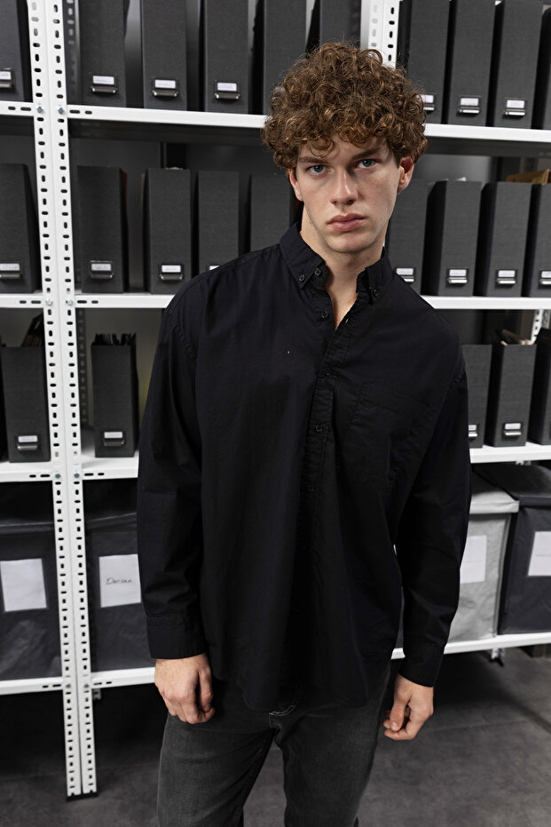 قميص البوبلين الأساسي الأسود - 1