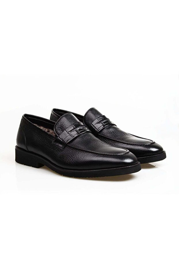 Black Color Laceless Genuine Leather Men's Shoes