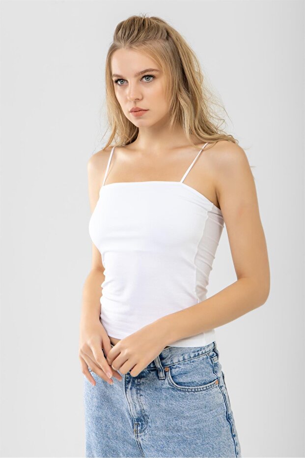 Women's Thin String Strap Cotton Basic Undershirt White - 2