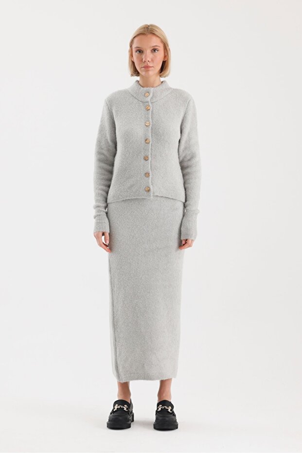 Buklet Bisiklet Yaka  Etek Hırka Triko Takım-STD - Taş - 1