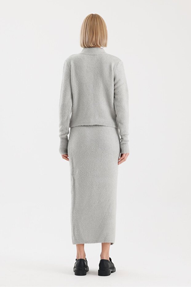 Buklet Bisiklet Yaka  Etek Hırka Triko Takım-STD - Taş - 8