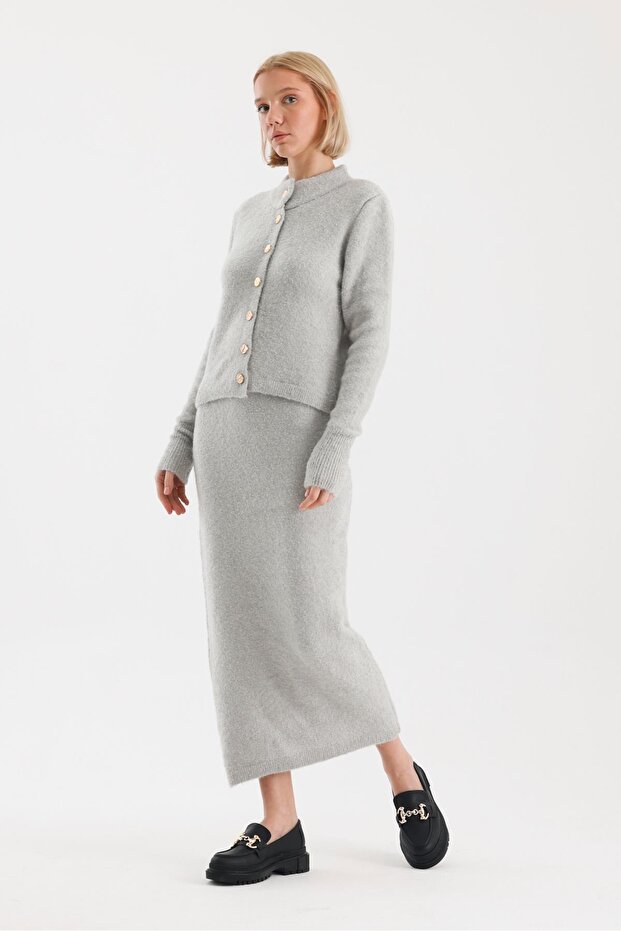 Buklet Bisiklet Yaka  Etek Hırka Triko Takım-STD - Taş - 5