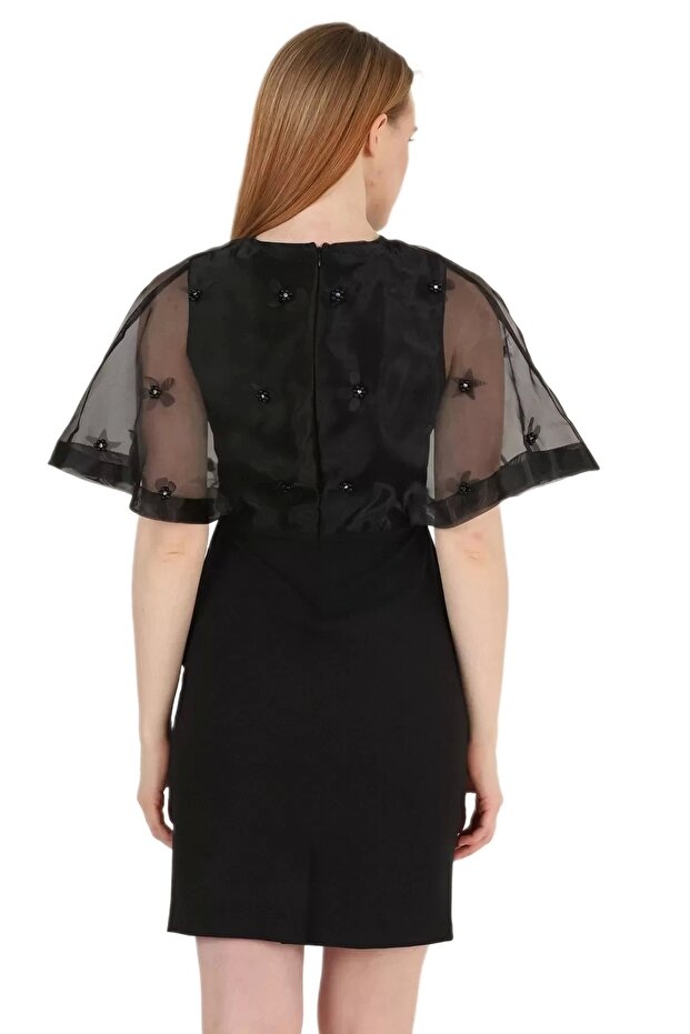 Kruvaze Yaka İnci İşlemeli Elbise 2203-Siyah - 3