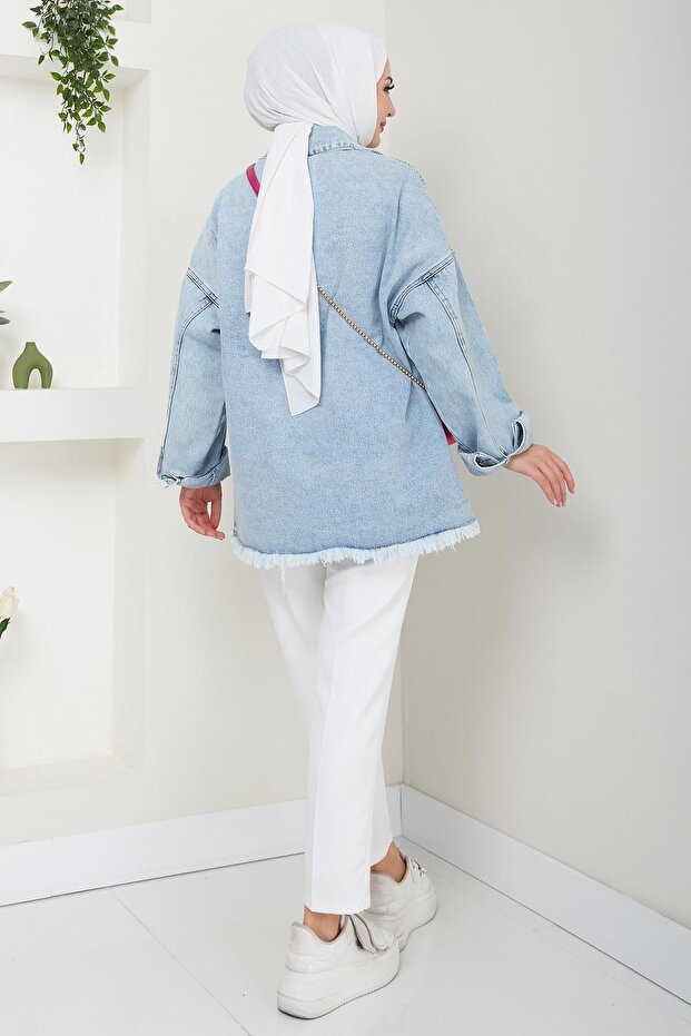Çift Cepli Oversize Kot Ceket Mavi HM2578 - 5