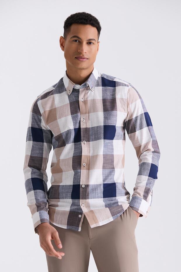 Brown Slim Fit Checkered 100% Cotton Shirt