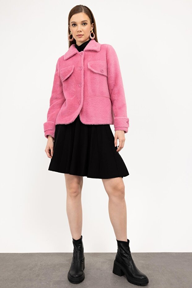 Önü Düğmeli Peluş Mont - 2