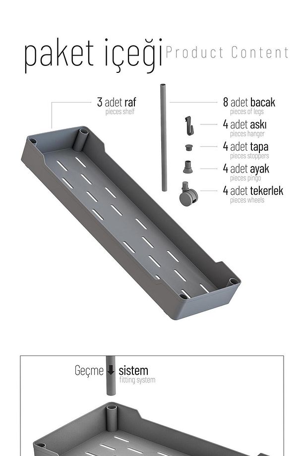 Slim 3 Katlı Tekerlekli Raf Ünitesi Gri, Banyo Rafı, Mutfak Rafı, Banyo Düzenleyici - 7