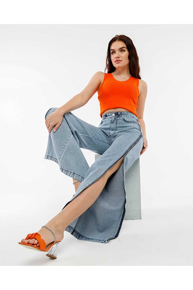 Women's Ice Blue High Waist Side Zipper Loose Leg Jeans Pants