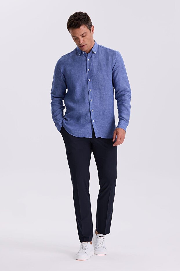 Cobalt Blue 100% Linen Buttoned Collar Comfort Fit Shirt