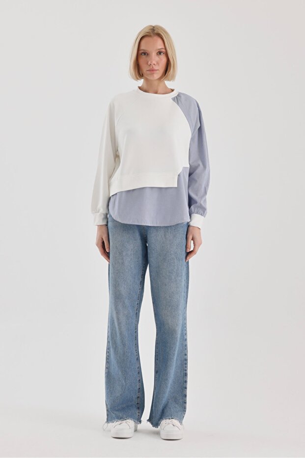 Casual Style Block Pattern Crew Neck Raglan μανίκι φούτερ-S - Λευκό - 3