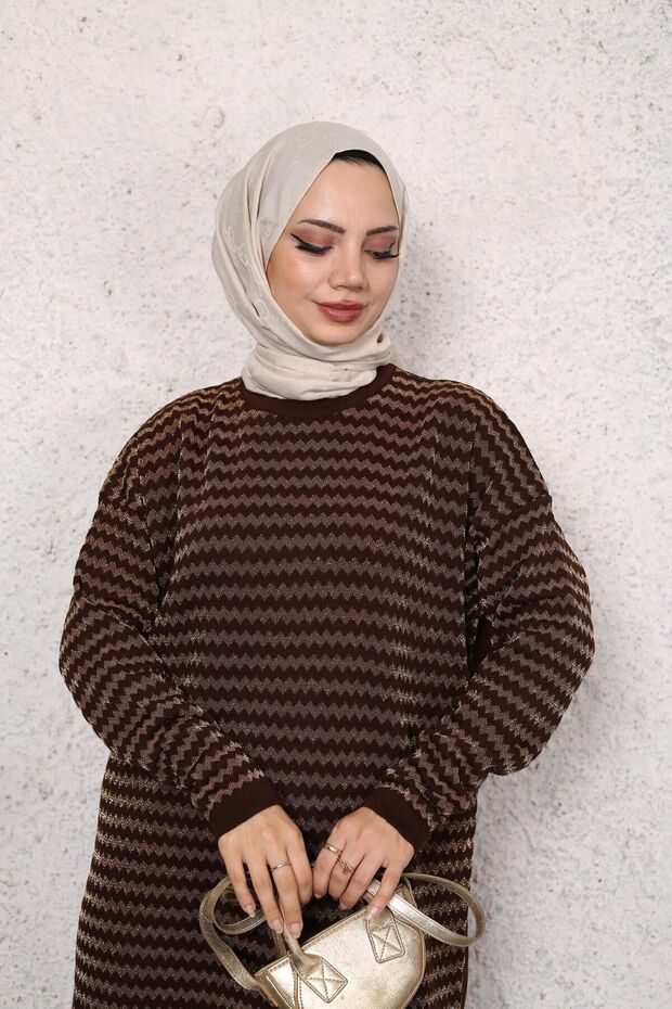 2'Lİ ALT-ÜST TAKIM KADIN MODEST YAN ÇİZGİ DESENLİ SİMLİ TRİKO TUNİK PANTOLON - 5