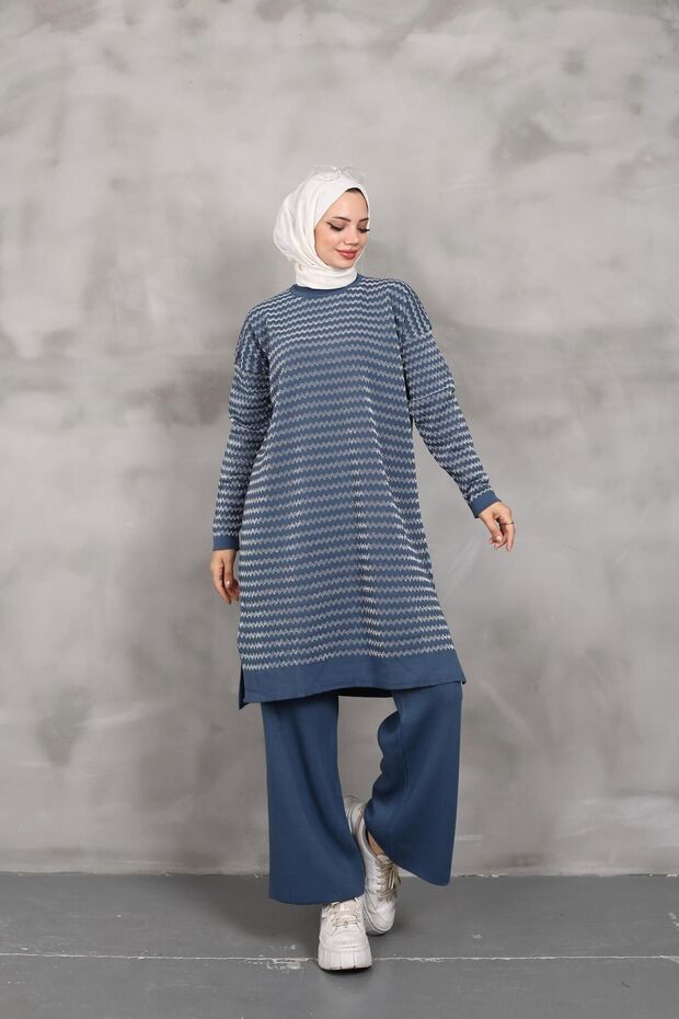 2-Piece Bottom-Up Suit Women's Modest Side Line Patterned Silvery Knitting Tunic Pants