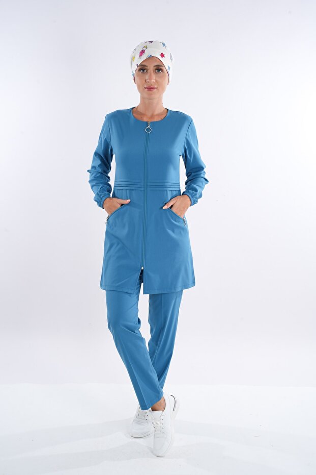 Zippered Petrol Blue Doctor Nurse Surgical Uniform Set