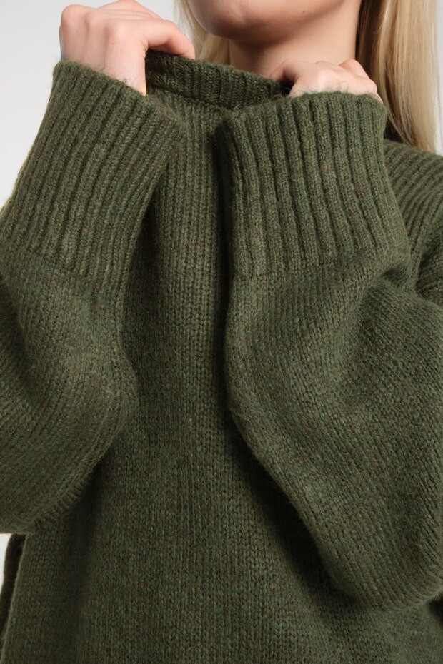 Oversize Basic Haki Uzun Kadın Kazak - 5