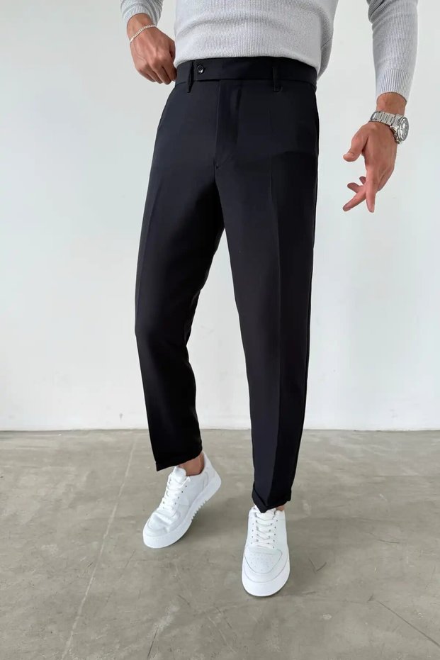 Black Short Tongue Double Leg Italian Cut Gabardine Fabric Trousers
