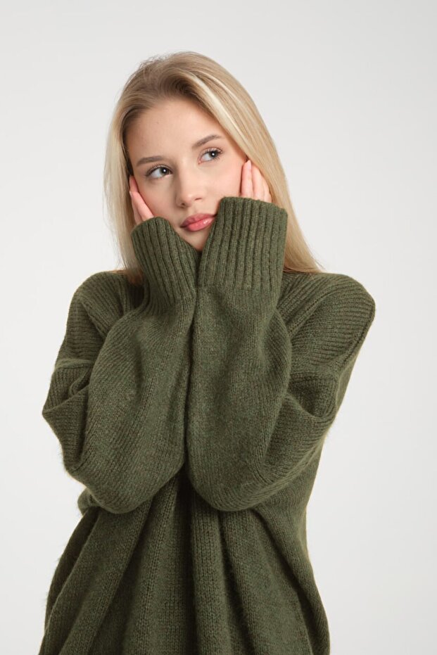 Oversize Basic Haki Uzun Kadın Kazak - 2