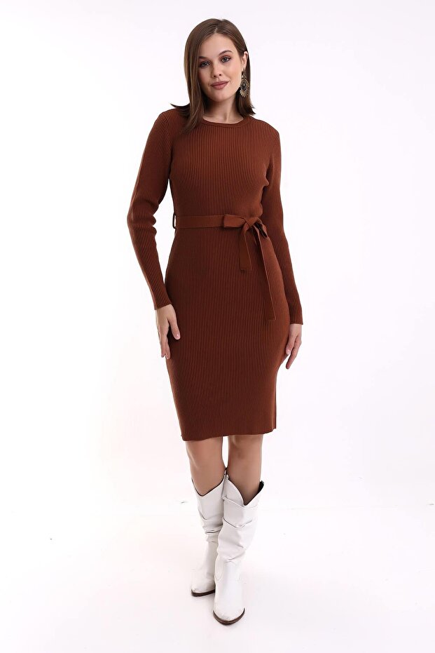 Crew Neck Ribbed Knit Dress 4080 Tan