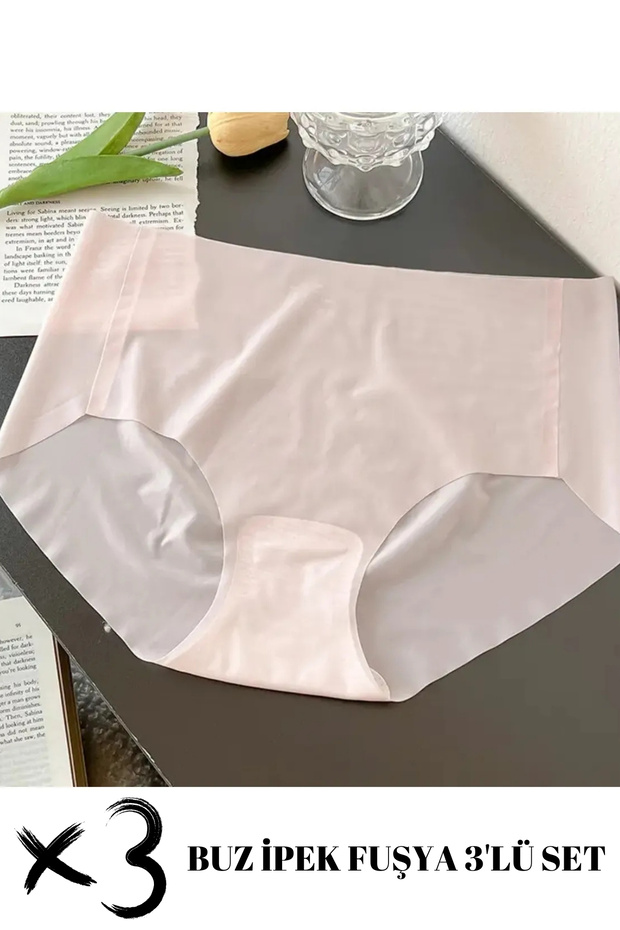 Set of 3 Ice Silk Non-Marking Seamless Ghost Thin Laser Cut Micro Transparent High Waist Panties Fuchsia