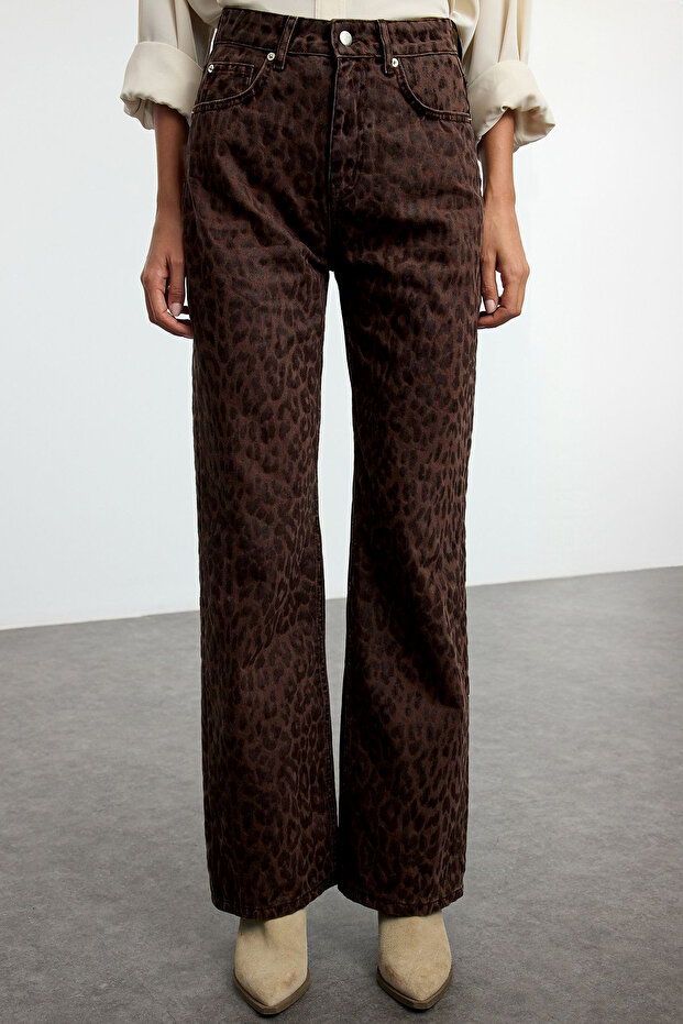 Kahverengi Süet Görünümlü Leopar Desenli Yüksek Bel Wide Leg Jeans TWOAW25JE00394 - 5